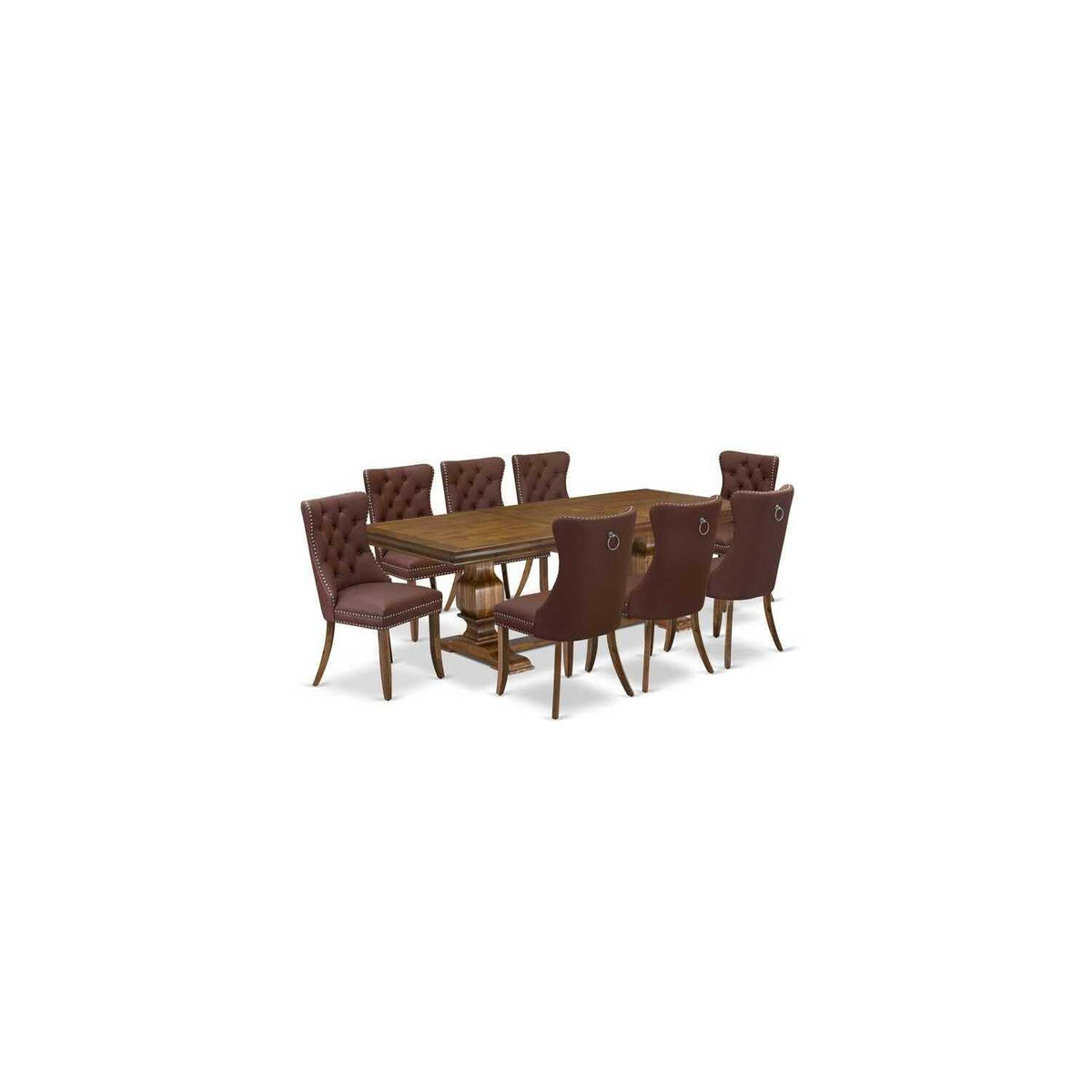 9 Piece Mid Century Dining Table Set with 8 Burgundy Faux Leather Chairs A984365