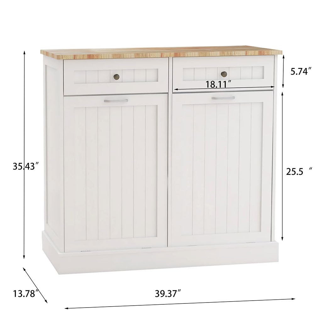 White Wooden Tilt Out Trash Can Cabinet with 2 Drawers I755