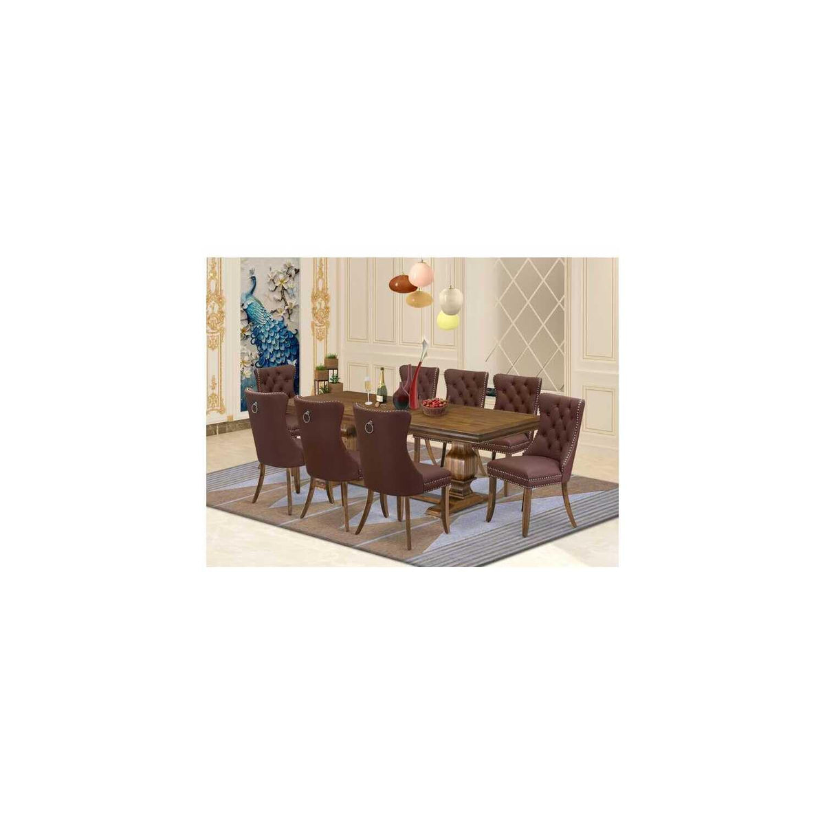 9 Piece Mid Century Dining Table Set with 8 Burgundy Faux Leather Chairs A984365