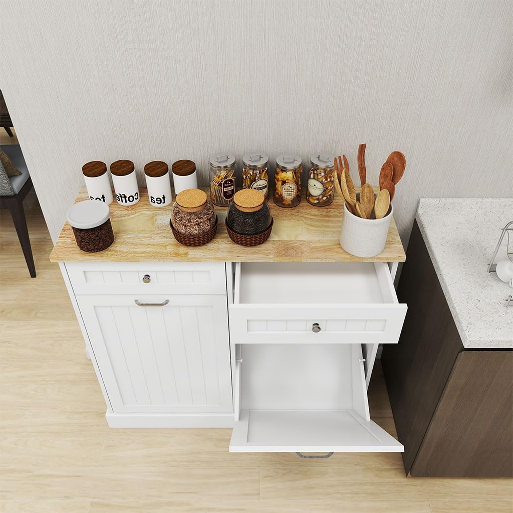 White Wooden Tilt Out Trash Can Cabinet with 2 Drawers I755
