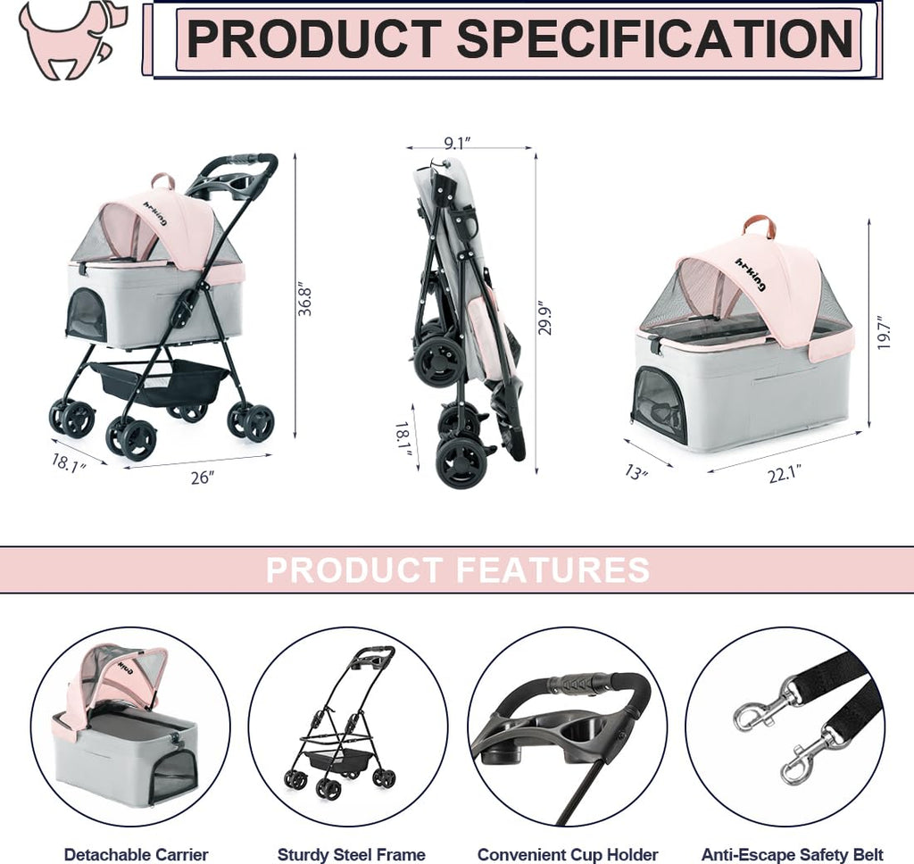 Pink Gray Pet Stroller with Detachable Carrier Y1884