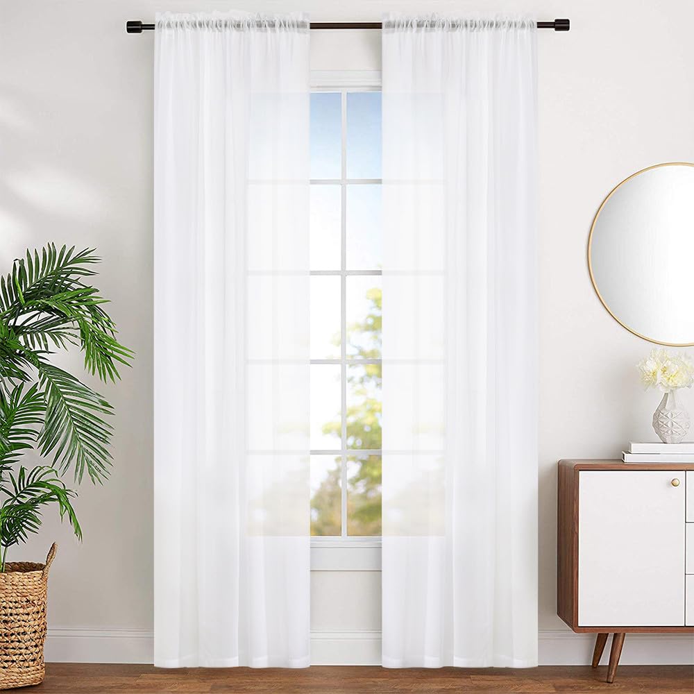 White 95 Inches Long Rod Pocket Sheer Curtains Set of 2 S375