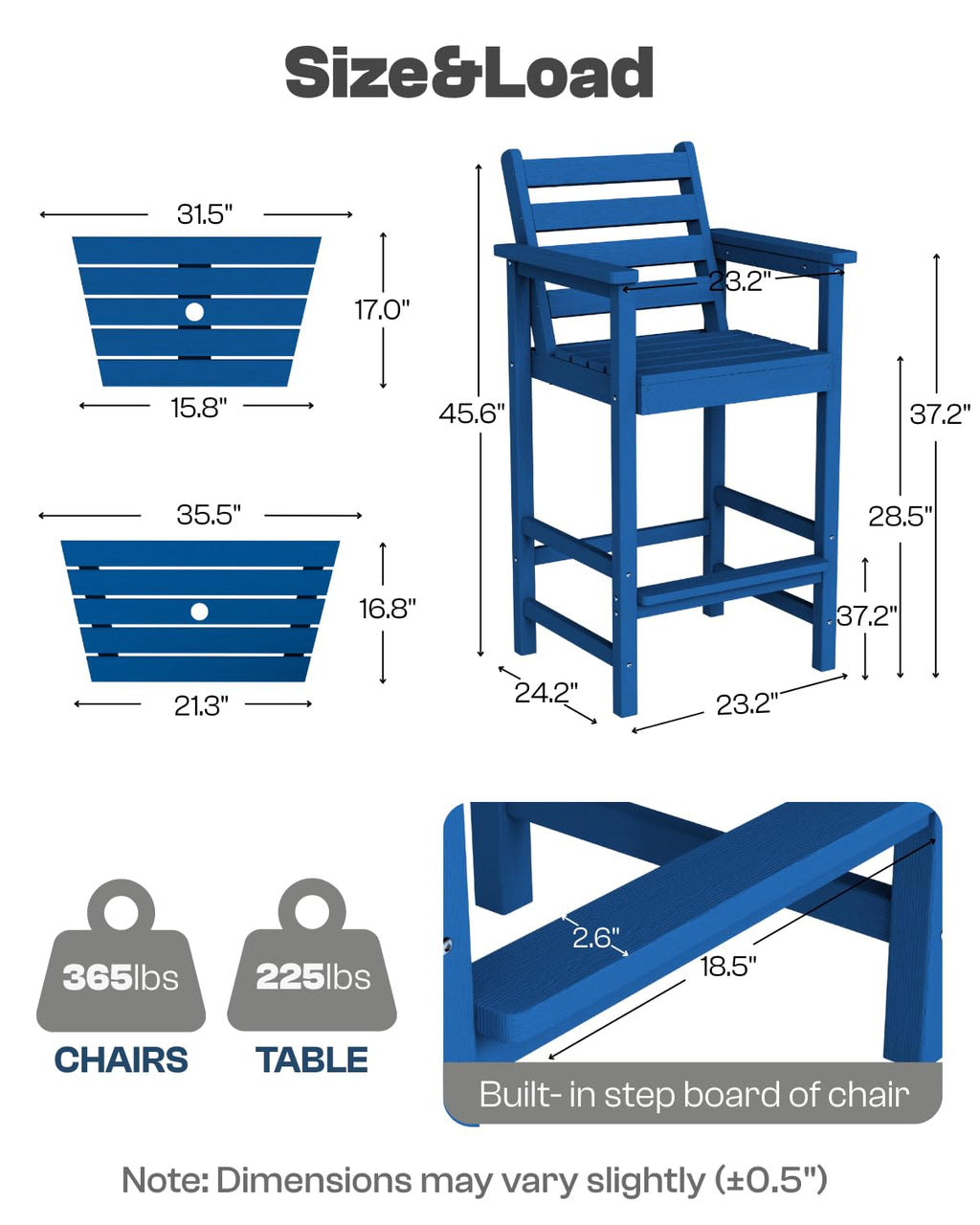 Tall Adirondack Chairs Set of 2, Bar Height HDPE Outdoor Chairs with Connecting Tray & Umbrella Hole, Navy Blue C718873
