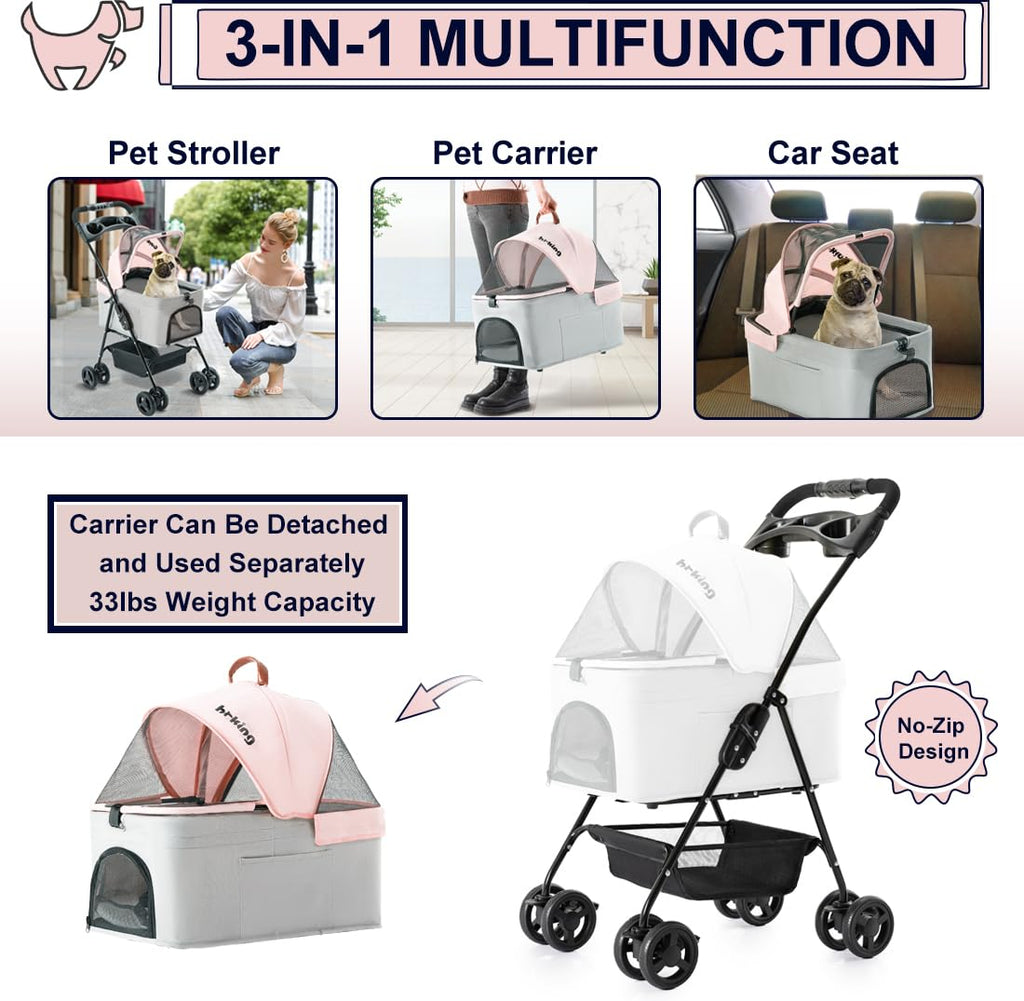 Pink Gray Pet Stroller with Detachable Carrier Y1884