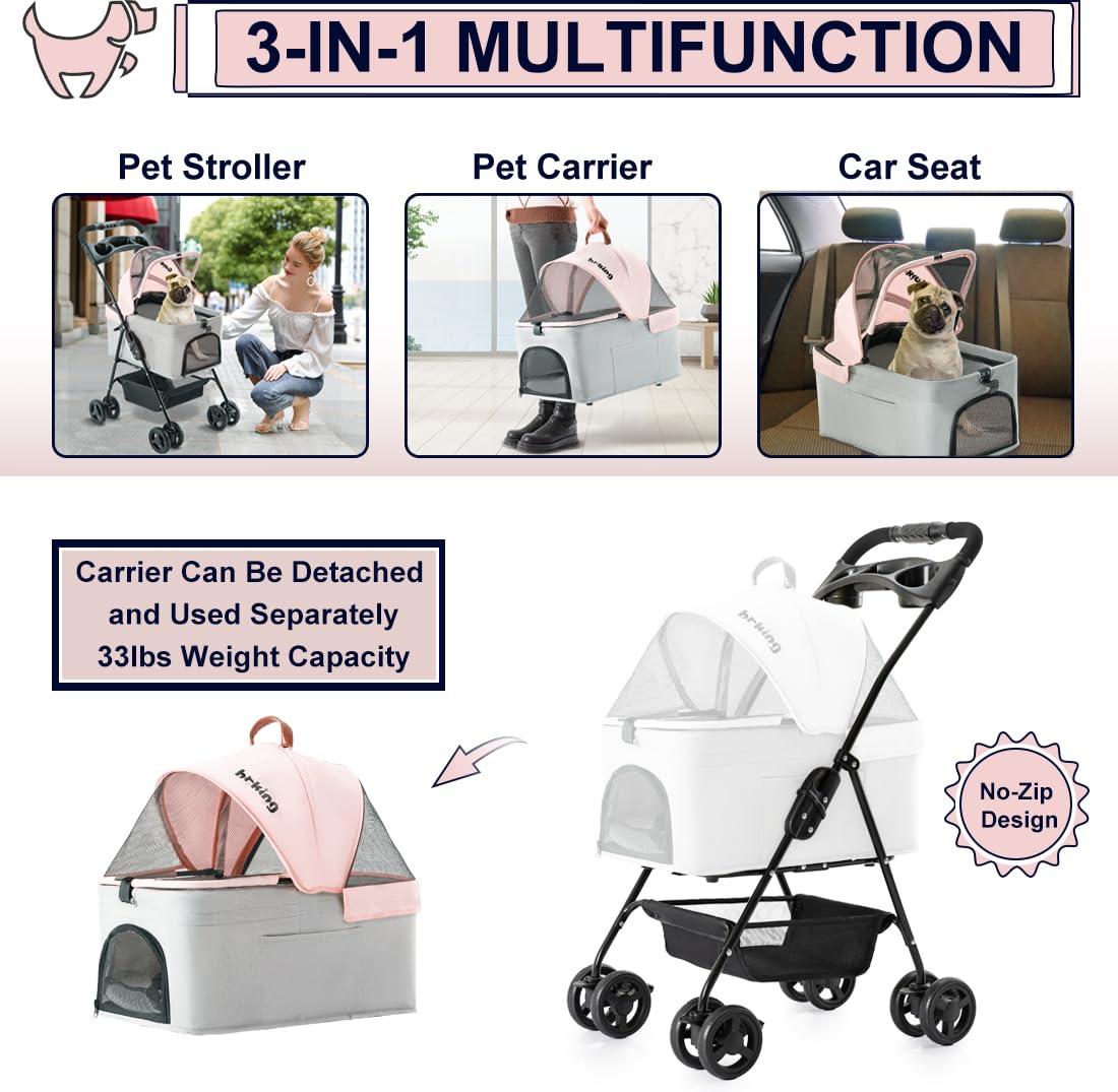 Pink Gray Pet Stroller with Detachable Carrier Y1884