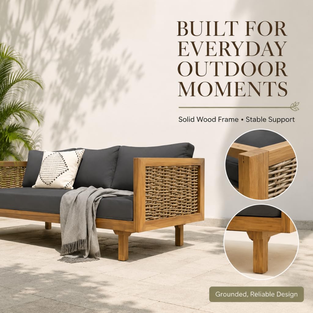 Acacia Wood 3-Seater Patio Sofa with Cushions G676399