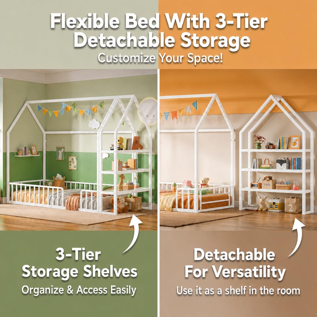 Twin White Metal Floor Bed with 3-Tier Shelves Z196758