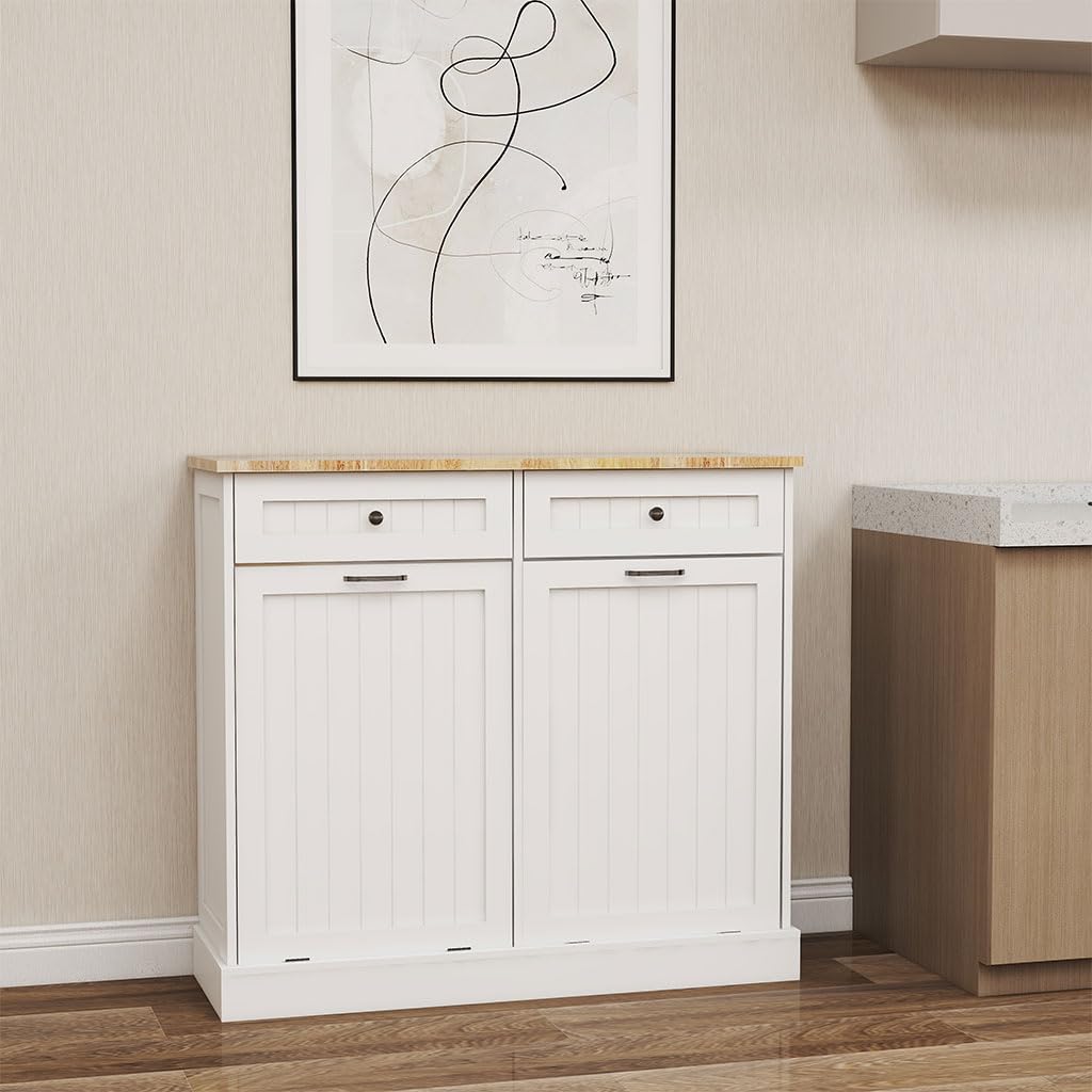 White Wooden Tilt Out Trash Can Cabinet with 2 Drawers I755