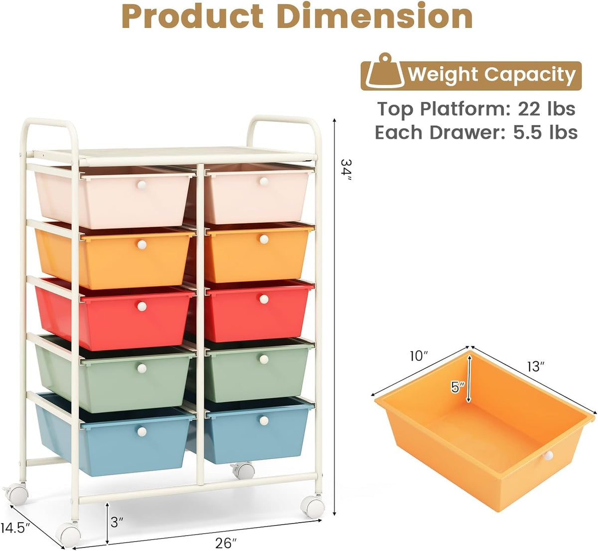 10 Drawer Rolling Storage Cart with Metal Frame K7233