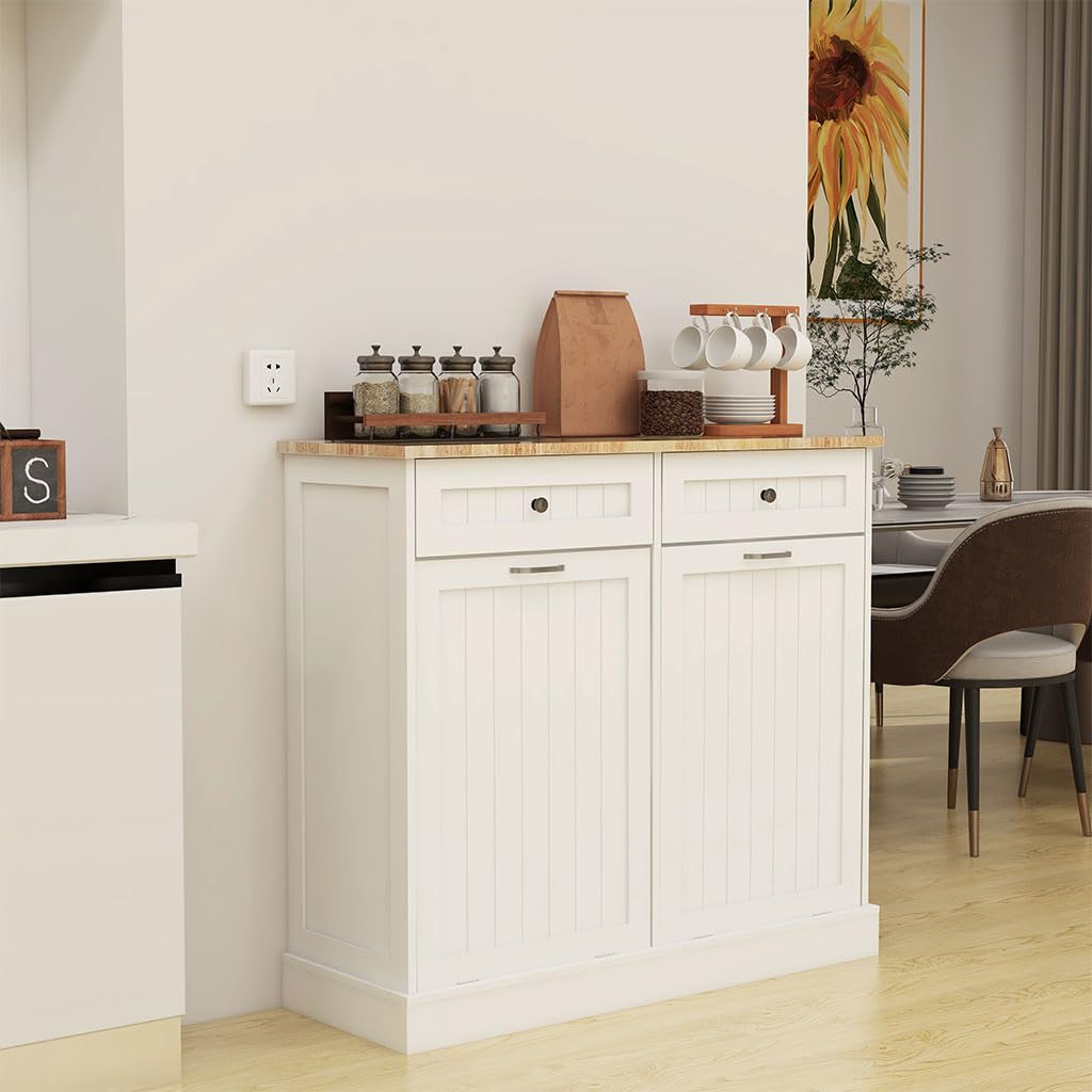 White Wooden Tilt Out Trash Can Cabinet with 2 Drawers I755