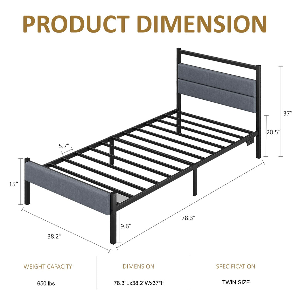 Twin Bed Frame with Charging Station, LED Lights, Grey Upholstered Headboard, Under Bed Storage W2588