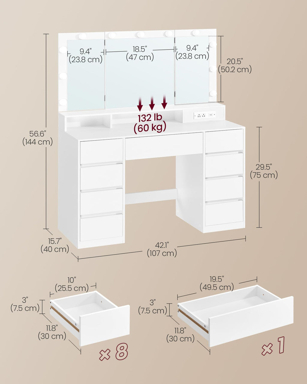 Vanity Desk with LED Lights and Tri-Fold Mirror, 9 Drawers Y728