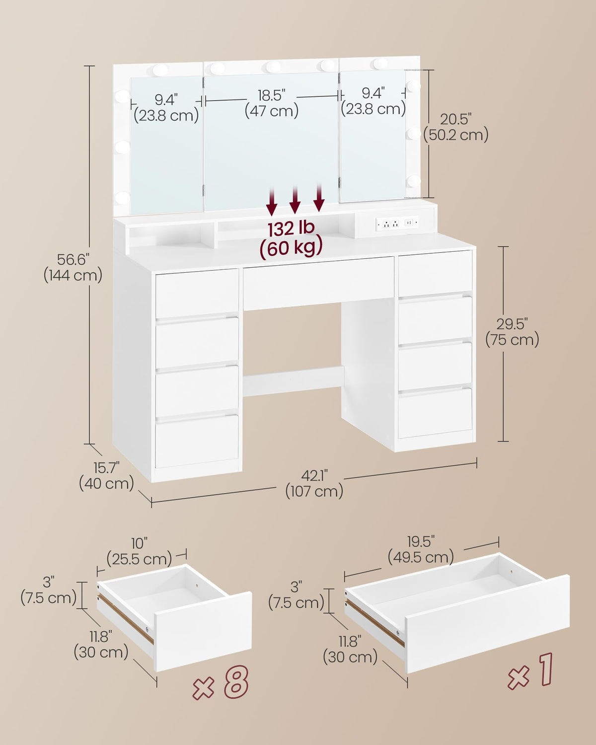 Vanity Desk with LED Lights and Tri-Fold Mirror, 9 Drawers Y728