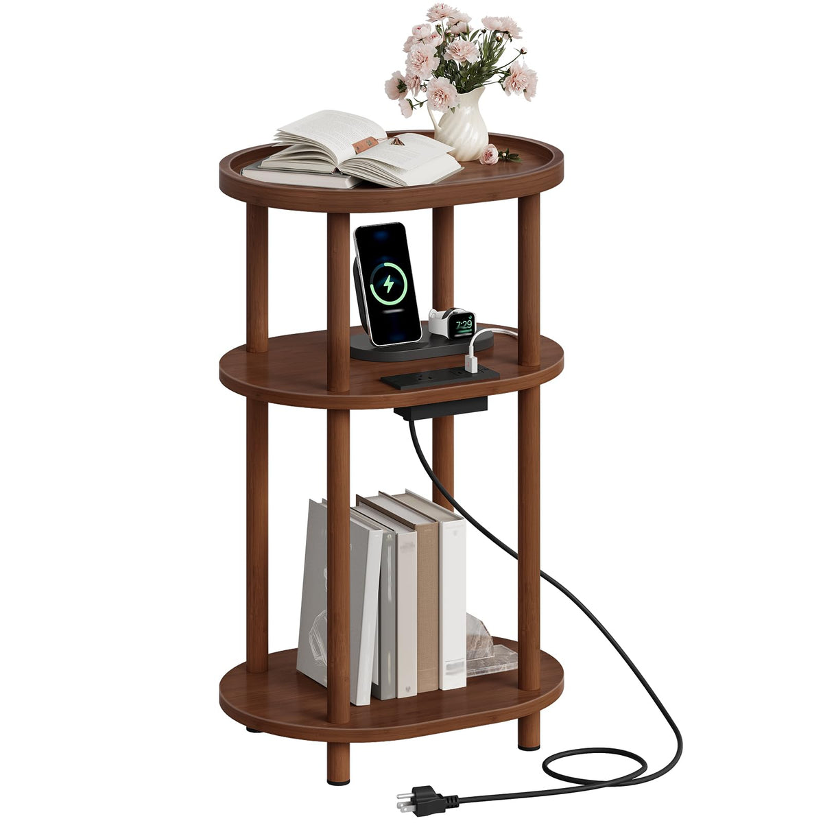 3-Tier Oval Bamboo Side Table with Charging Station Q17960