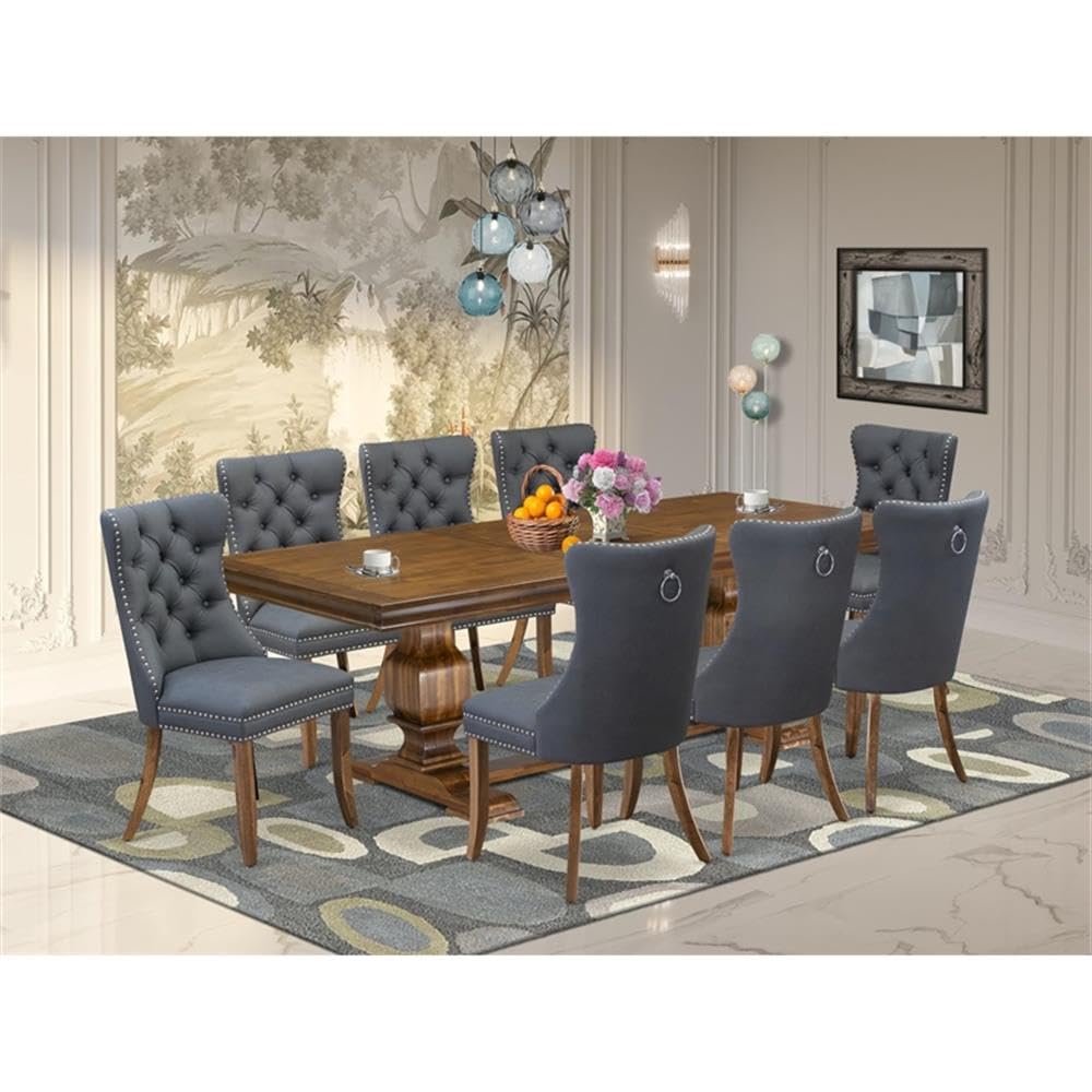 9-Piece Acacia Wood Dining Table Set with Faux Leather Chairs F52500