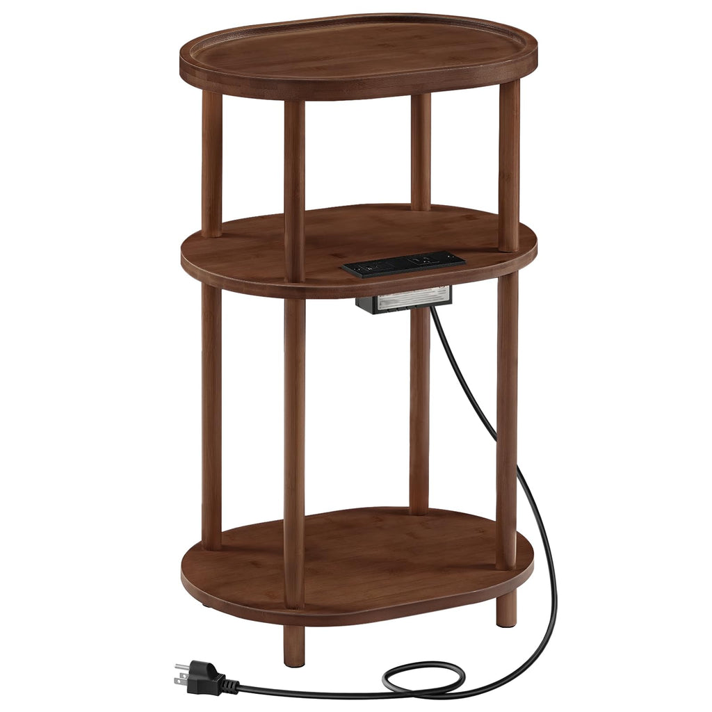 3-Tier Oval Bamboo Side Table with Charging Station Q17960