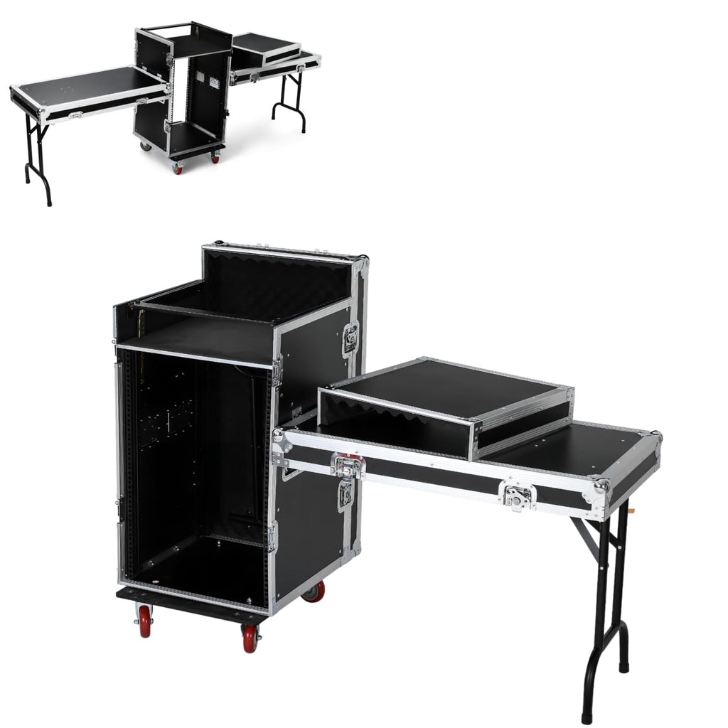 16U DJ Controller Case Rack with 2 Side Tables and 4 Casters Q16622