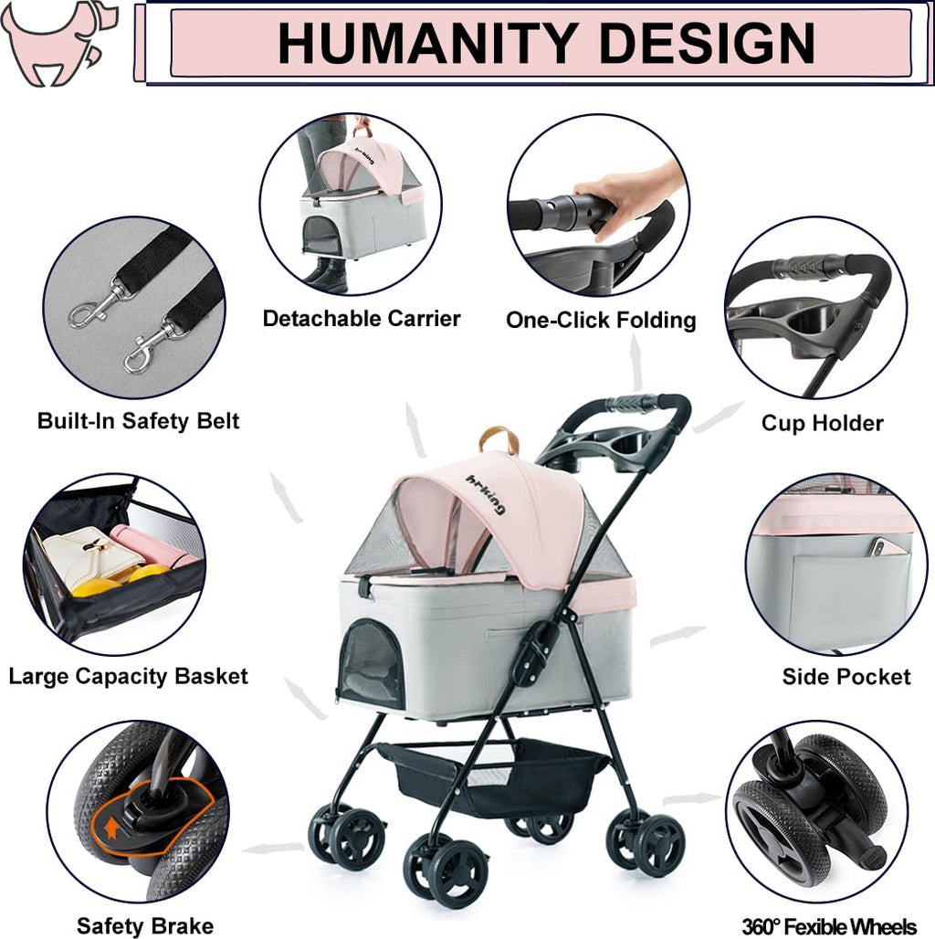 Pink Gray Pet Stroller with Detachable Carrier Y1884