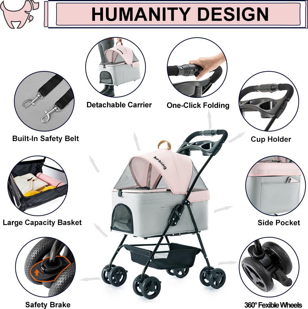 Pink Gray Pet Stroller with Detachable Carrier Y1884