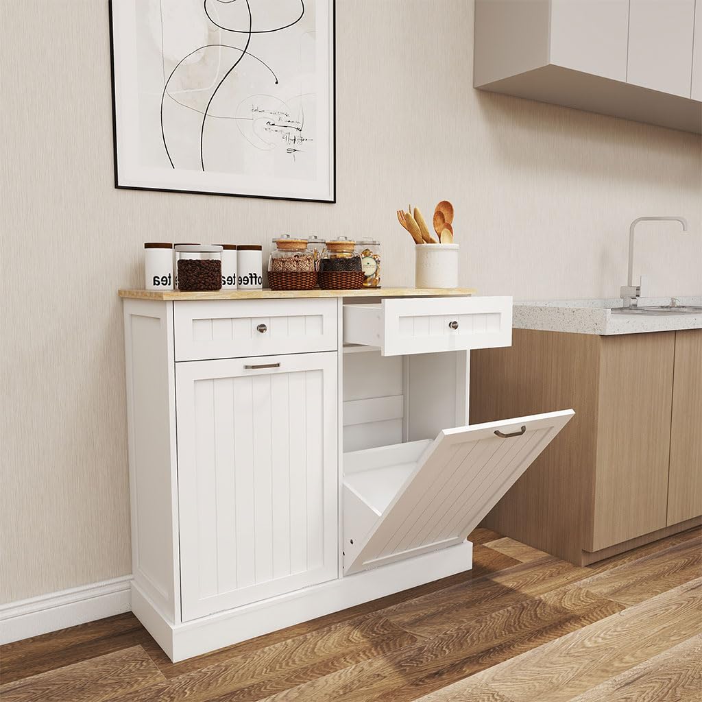 White Wooden Tilt Out Trash Can Cabinet with 2 Drawers I755