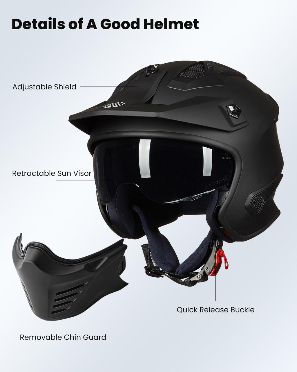 Open Face 3/4 Half Motorcycle Helmet DOT Matte Black M D8726