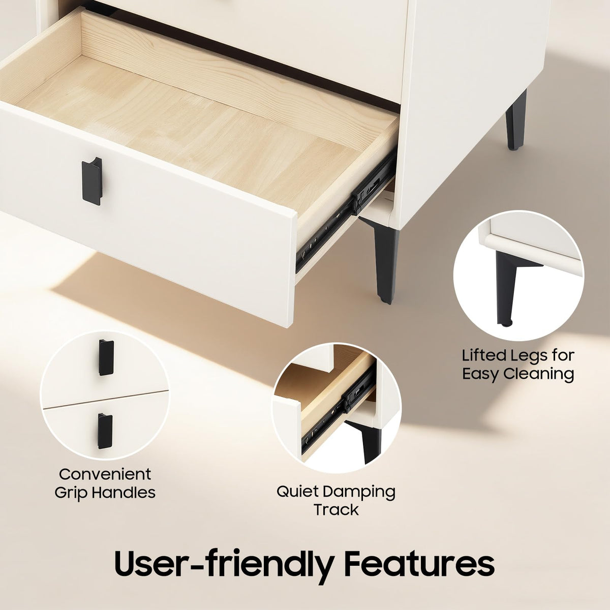 Beige White 3 Drawer Nightstand with Wireless Charging Y953727