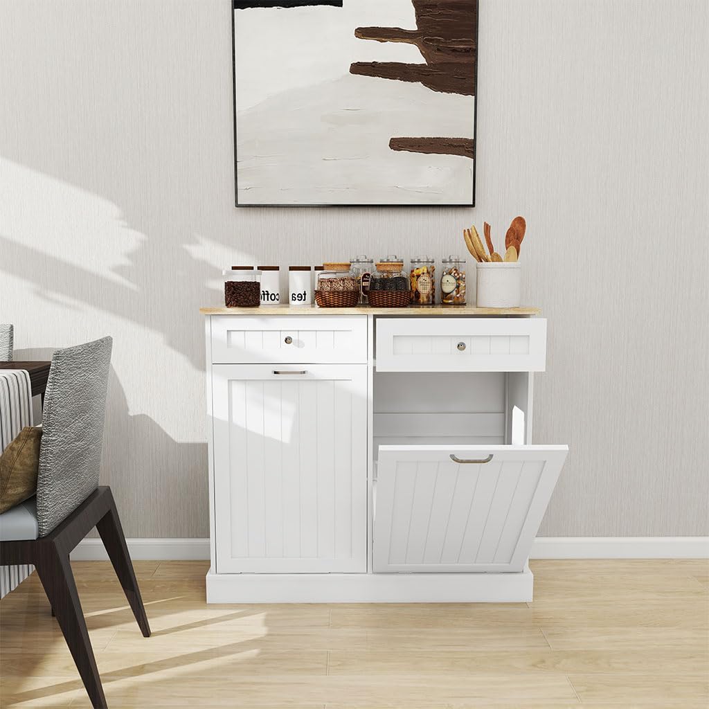 White Wooden Tilt Out Trash Can Cabinet with 2 Drawers I755