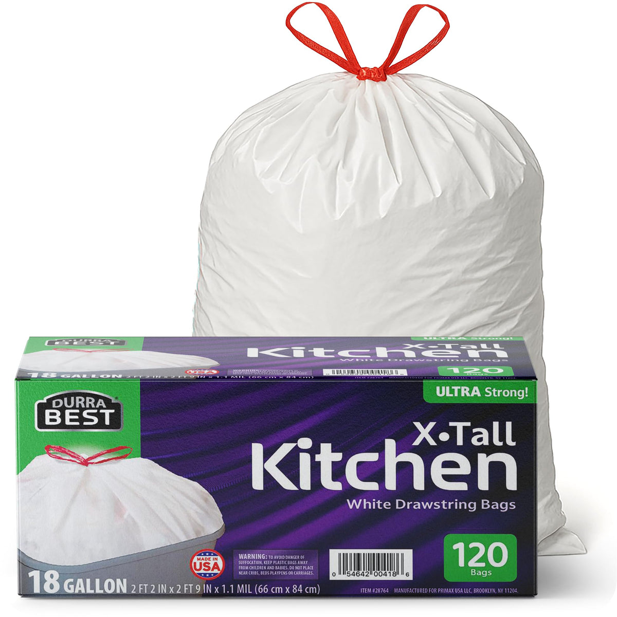 120 Count 18 Gallon White Heavy-Duty Drawstring Trash Bags M5842