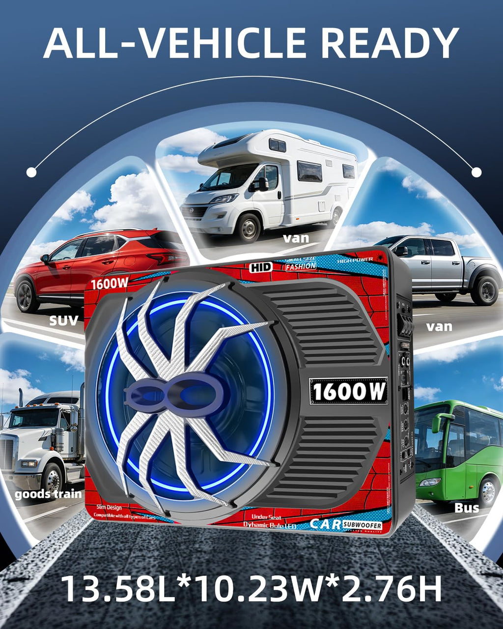 1600W Slim Underseat Car Subwoofer and Amp with RGB Light M56097