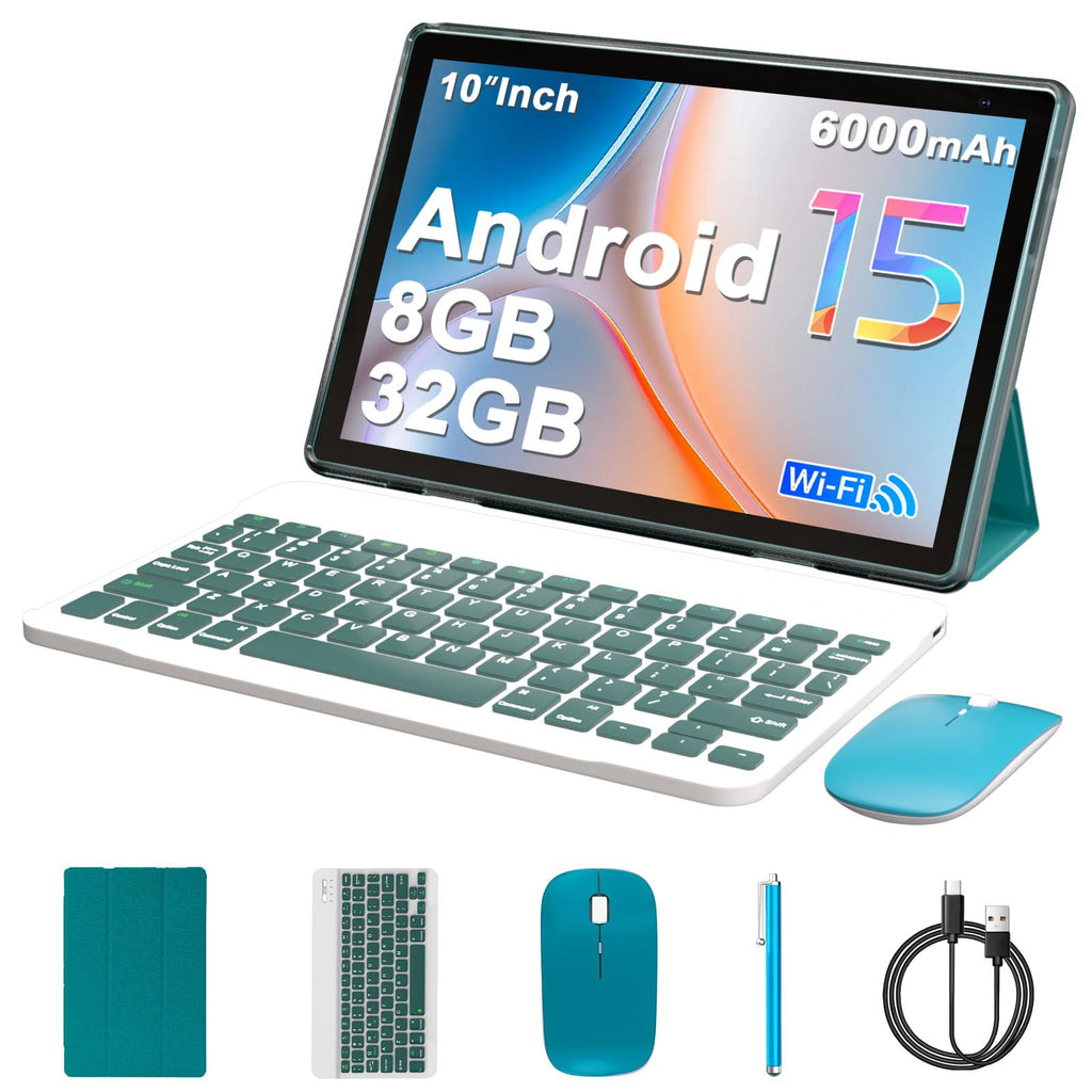 Android 15 Tablet 10 inch, 8GB RAM 32GB ROM, 2 in 1 Tablet with Keyboard Case, 1280x800 HD IPS Screen, Navy J42389