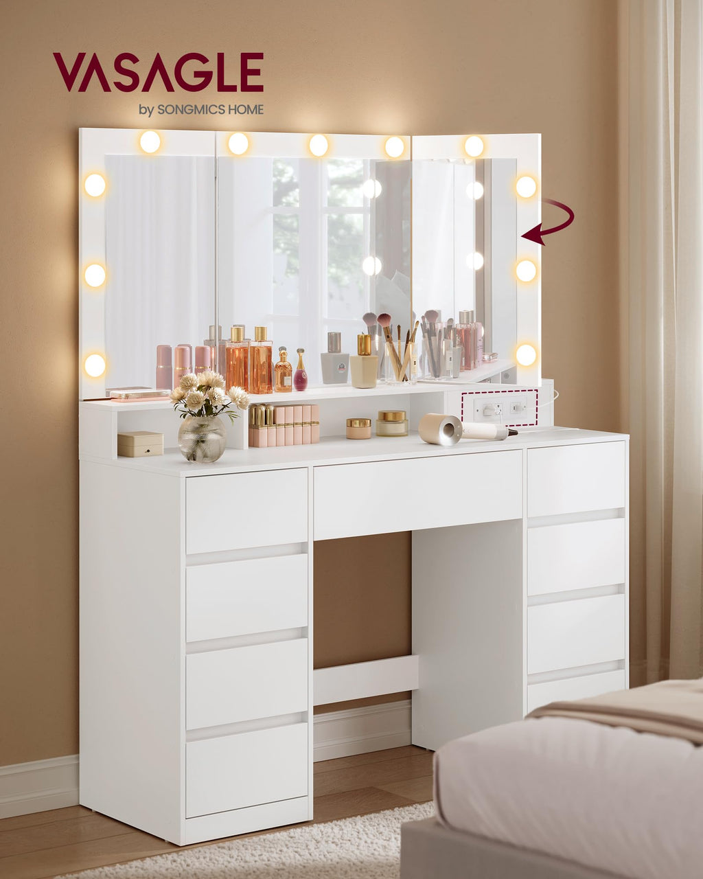 Vanity Desk with LED Lights and Tri-Fold Mirror, 9 Drawers Y728
