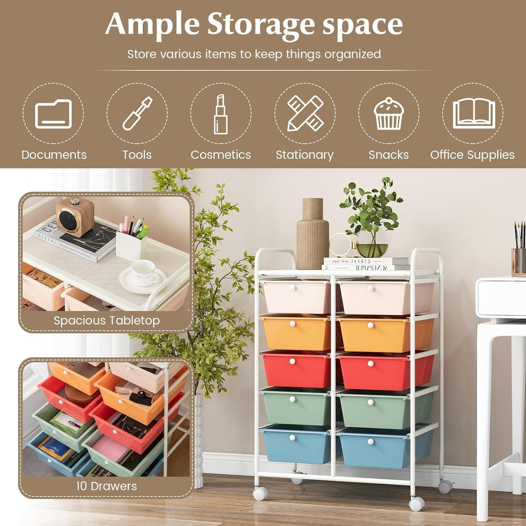 10 Drawer Rolling Storage Cart with Metal Frame K7233