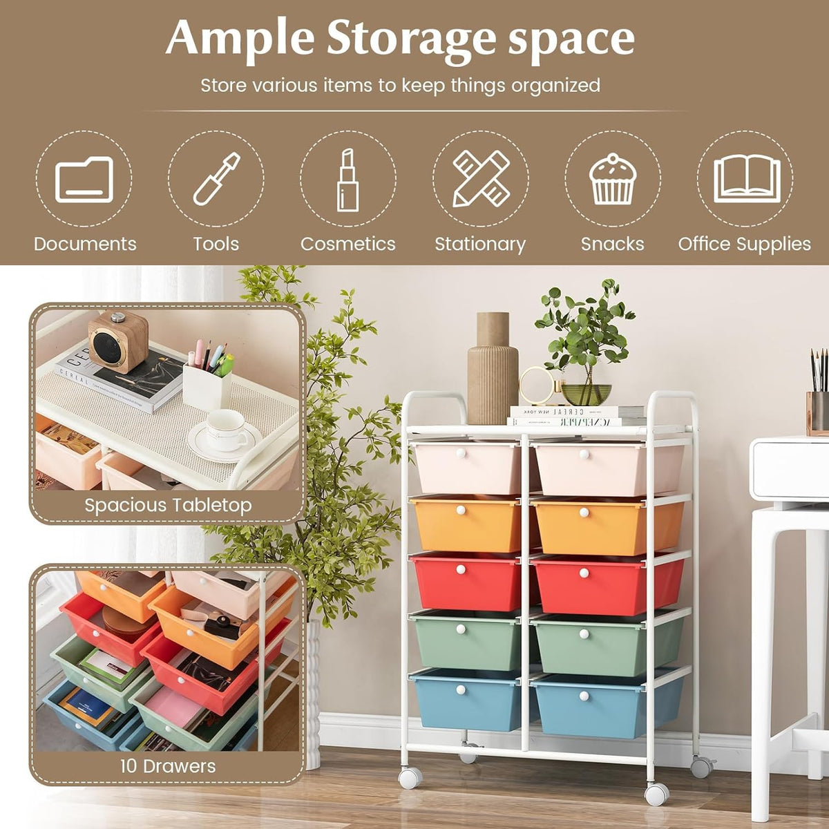 10 Drawer Rolling Storage Cart with Metal Frame K7233