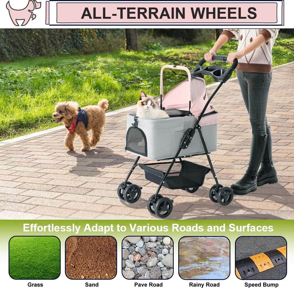 Pink Gray Pet Stroller with Detachable Carrier Y1884