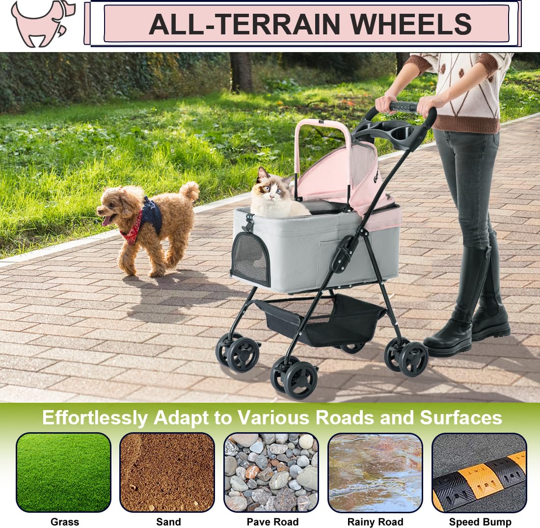 Pink Gray Pet Stroller with Detachable Carrier Y1884