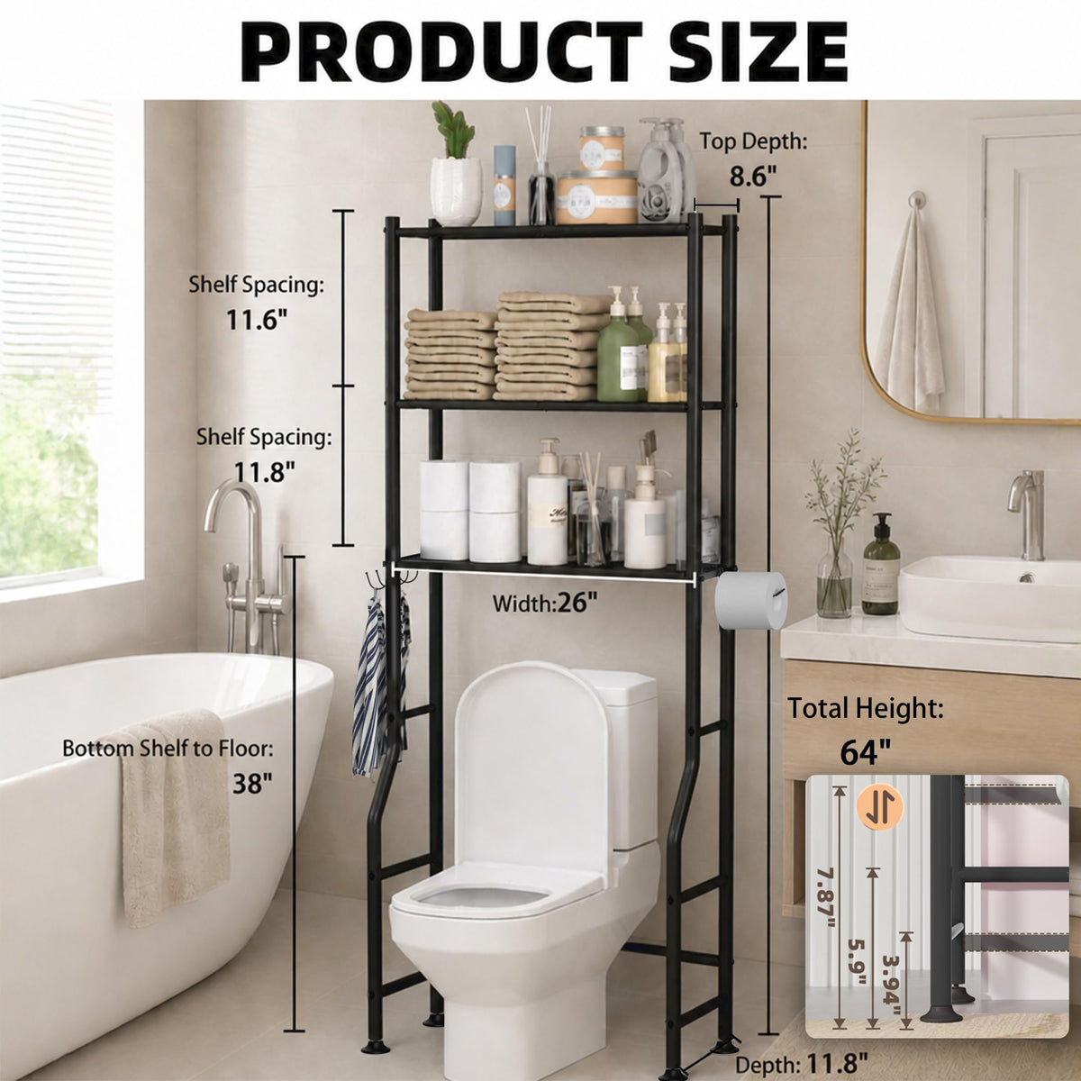 3-Tier Over Toilet Storage, Black V795
