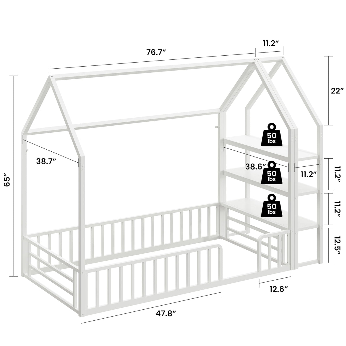 Twin White Metal Floor Bed with 3-Tier Shelves Z196758