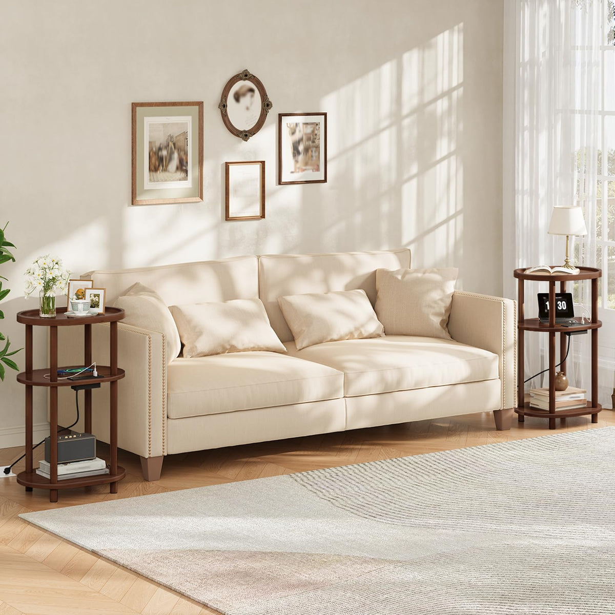 3-Tier Oval Bamboo Side Table with Charging Station Q17960