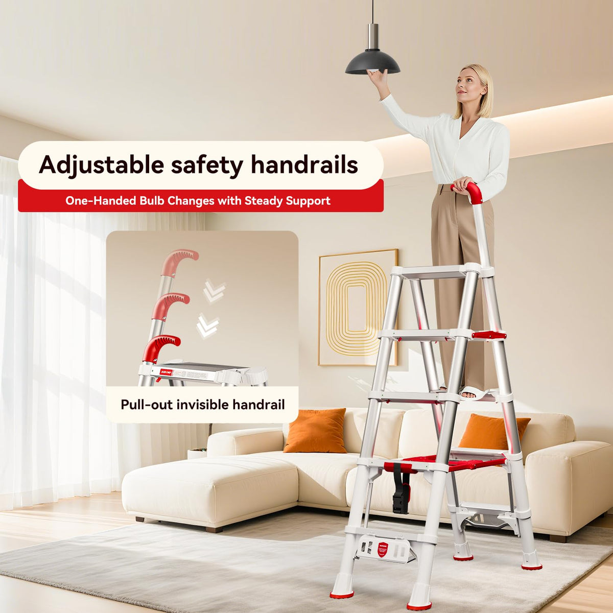 Telescoping Extension Ladder, 4.4FT Folding Step Stool, Aluminum 5 Step Ladder 600lbs Capacity X688117