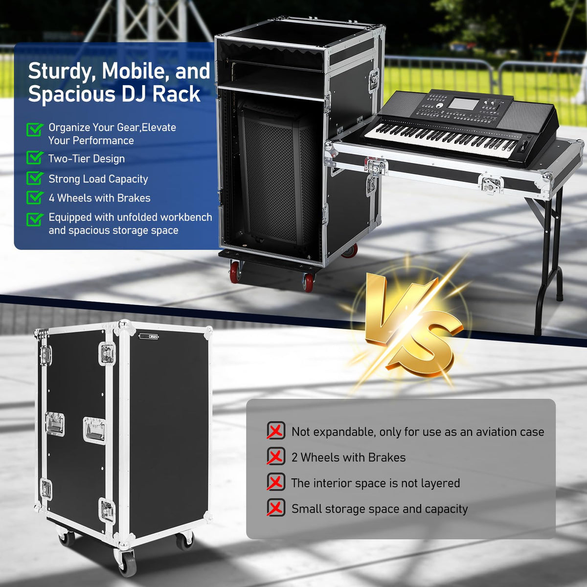16U DJ Controller Case Rack with 2 Side Tables and 4 Casters Q16622