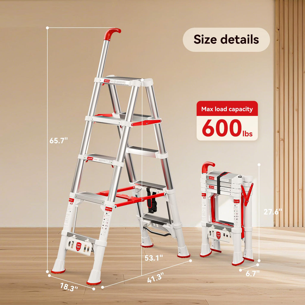 Telescoping Extension Ladder, 4.4FT Folding Step Stool, Aluminum 5 Step Ladder 600lbs Capacity X688117