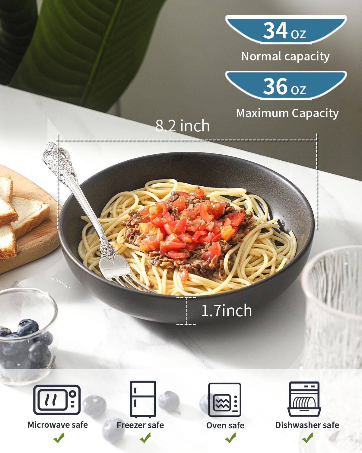 34 oz Stoneware Pasta Bowls Set of 4, Matte Black Y534