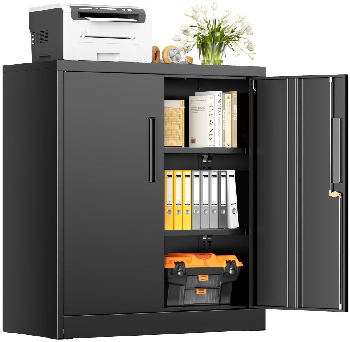 Black Metal Storage Cabinet with Locking Doors and Shelves C295361