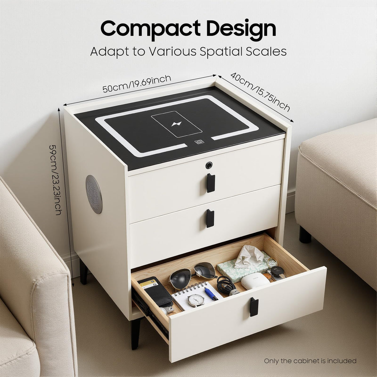 Beige White 3 Drawer Nightstand with Wireless Charging Y953727
