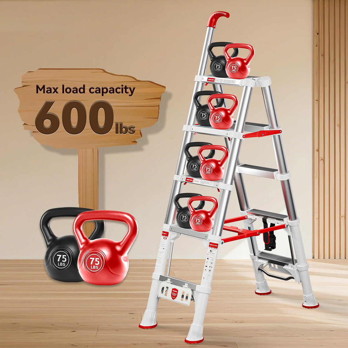 Telescoping Extension Ladder, 4.4FT Folding Step Stool, Aluminum 5 Step Ladder 600lbs Capacity X688117