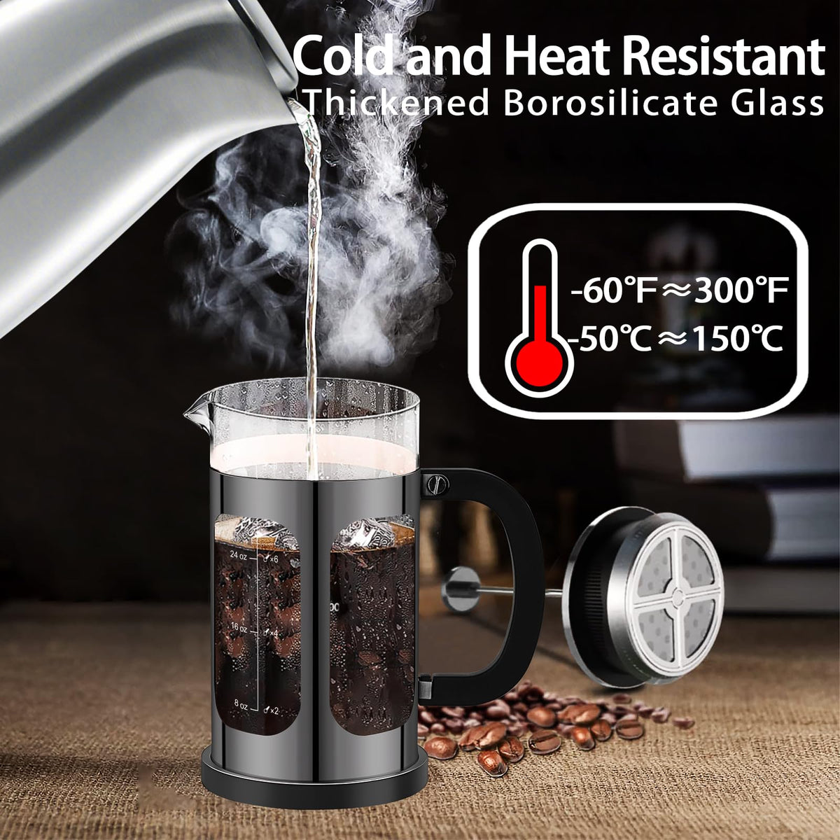 French Press Coffee Maker 34oz with 4 Filters Borosilicate Glass S747673