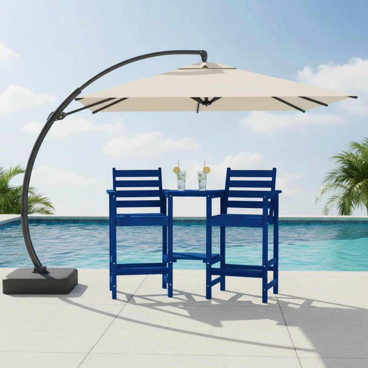 Tall Adirondack Chairs Set of 2, Bar Height HDPE Outdoor Chairs with Connecting Tray & Umbrella Hole, Navy Blue C718873