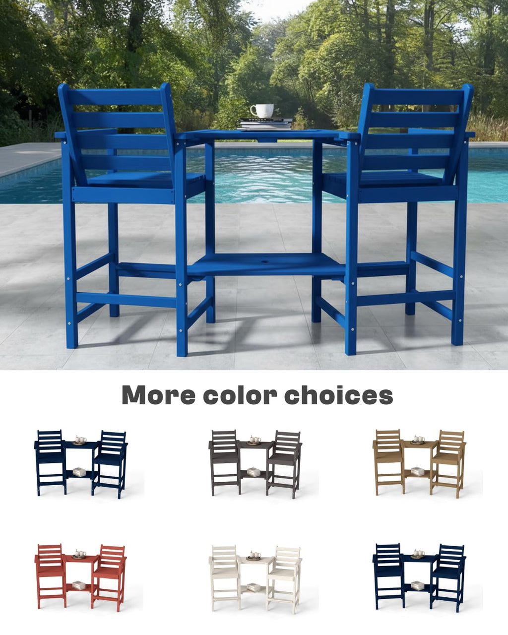 Tall Adirondack Chairs Set of 2, Bar Height HDPE Outdoor Chairs with Connecting Tray & Umbrella Hole, Navy Blue C718873