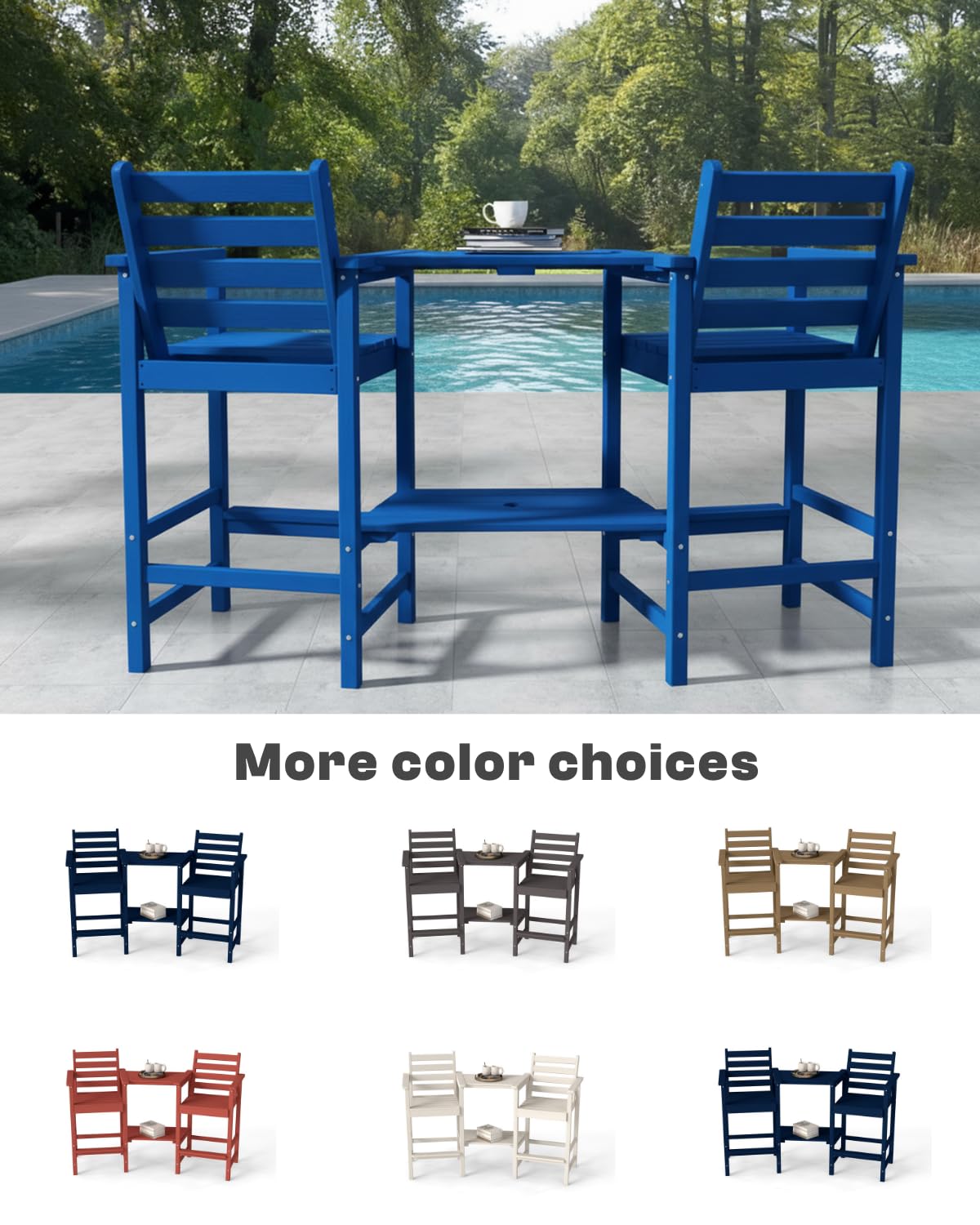 Tall Adirondack Chairs Set of 2, Bar Height HDPE Outdoor Chairs with Connecting Tray & Umbrella Hole, Navy Blue C718873