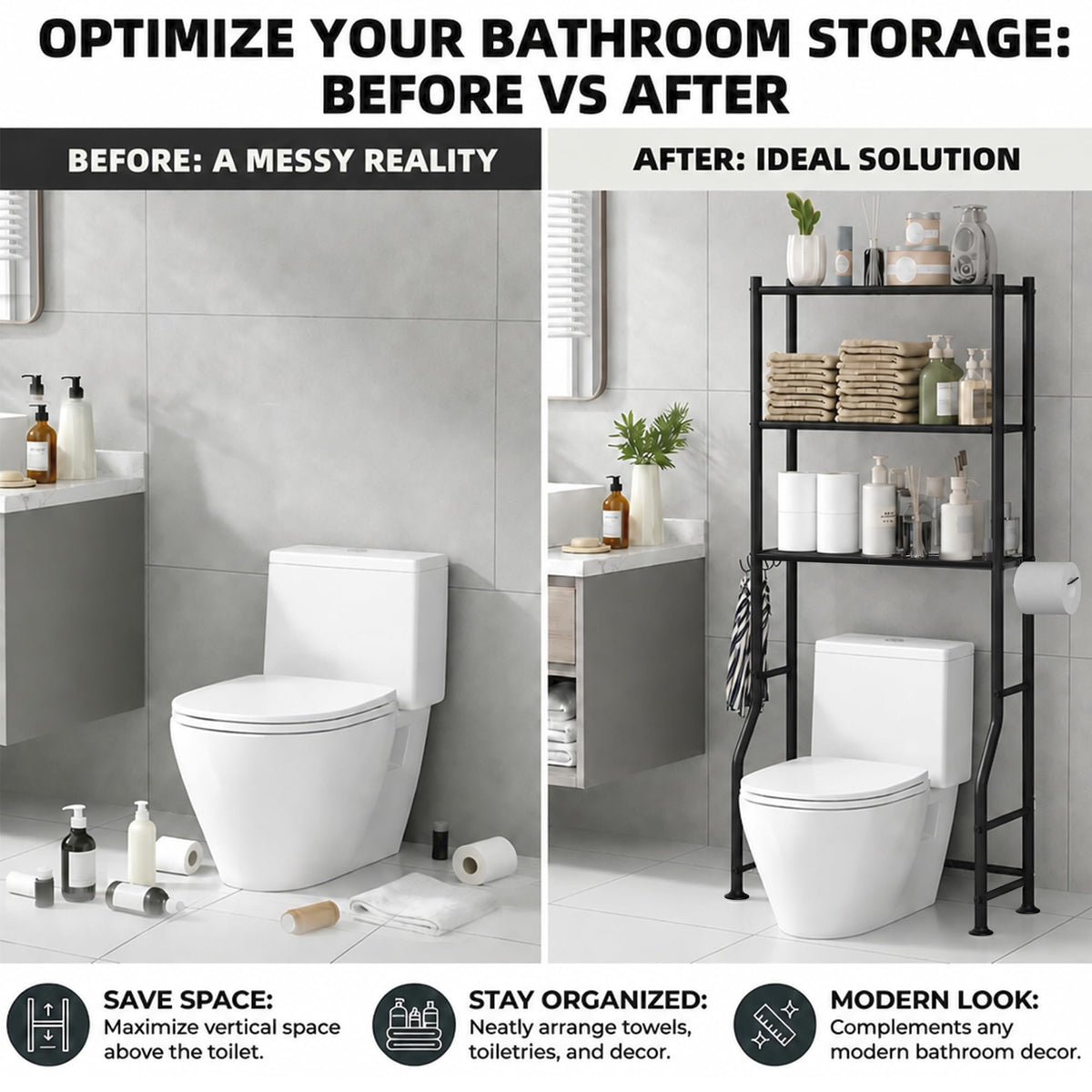 3-Tier Over Toilet Storage, Black V795